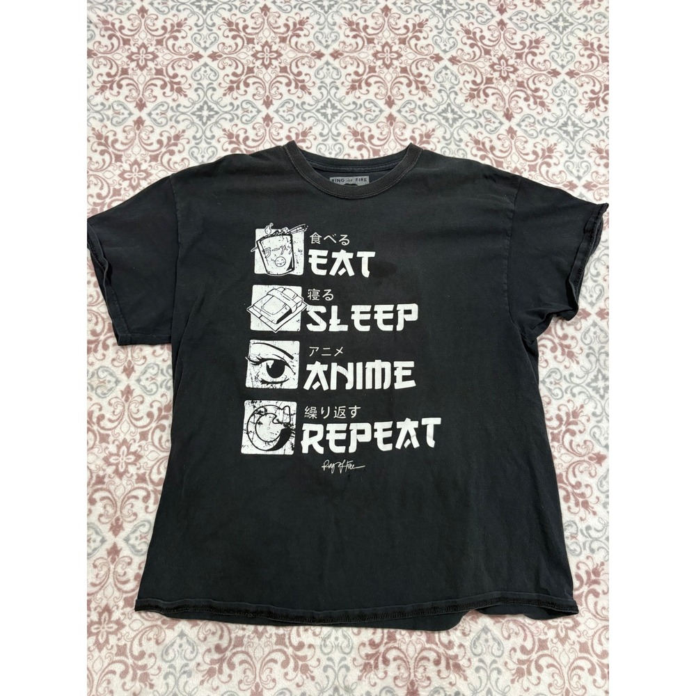 Ring of Fire Mens XL Black Eat Sleep Anime Repeat Graphic T-Shirt Cotton Tee